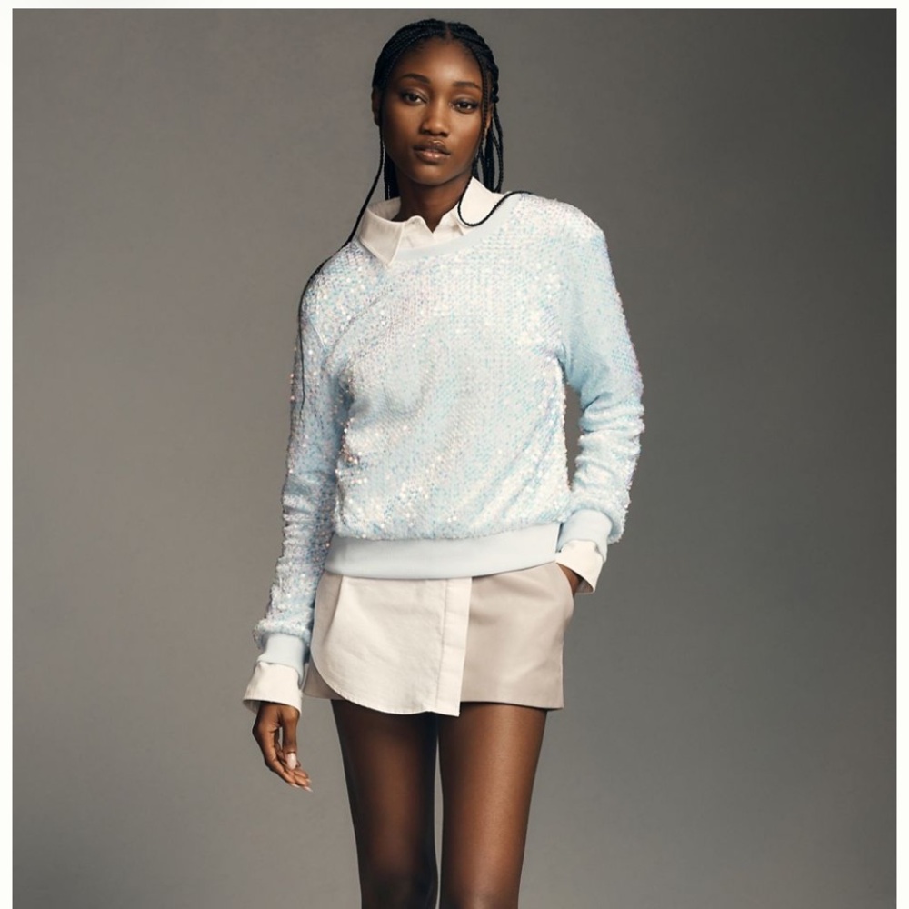 Anthropologie Light Blue Sequin Crewneck Sweater - Women